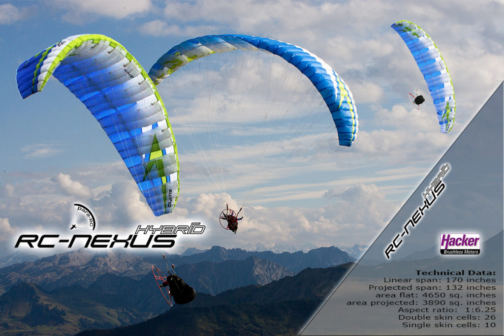 The Hacker RC-Nexus 4.3m hybrid powered paraglider is our most versatile high performance glider.  